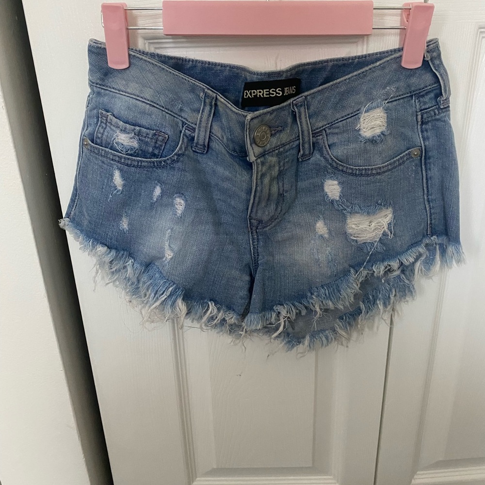 Express Women's Light Blue Distressed Jean Shorts